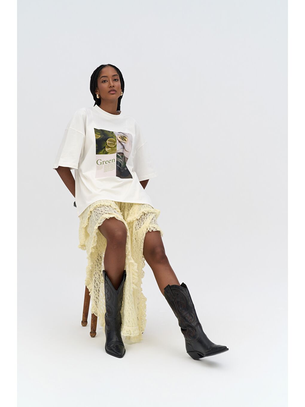 Mireya Asimetrik Sarı Dantel Etek-5