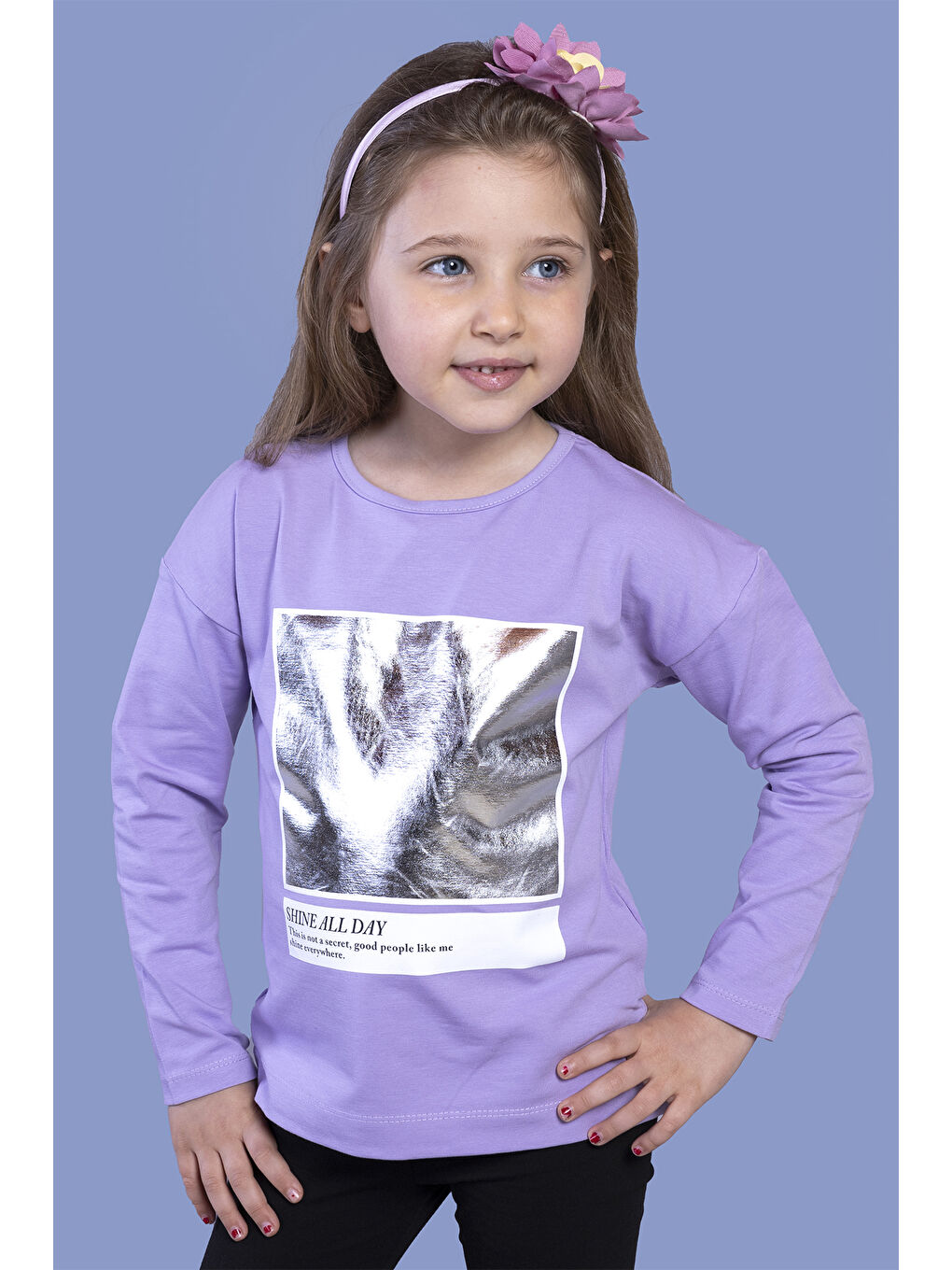 Lila Kız Çocuk Varak Baskılı Tişört-2
