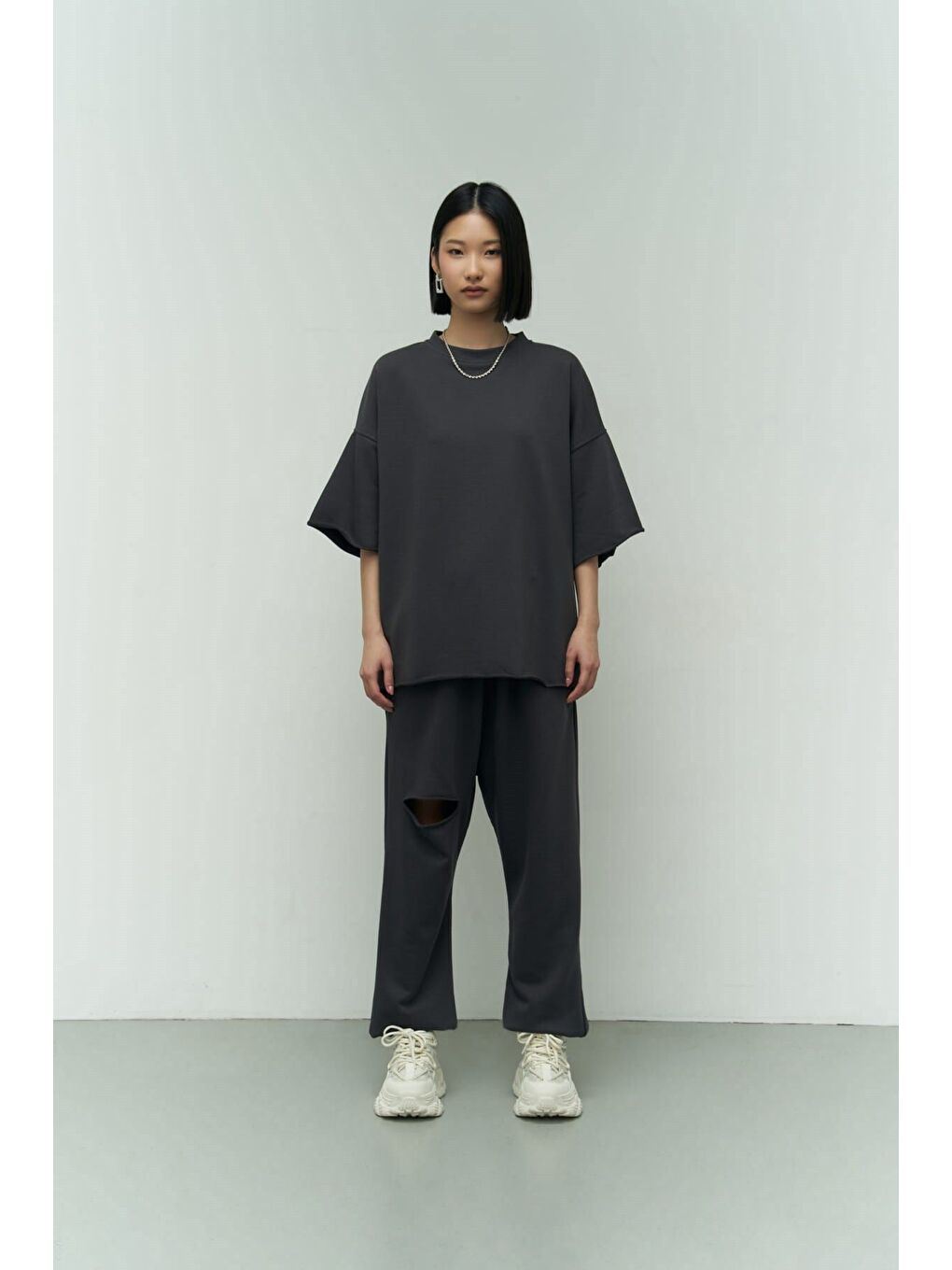 Lion Antrasit Oversize T-shirt Yırtıklı Eşofman Takım-1