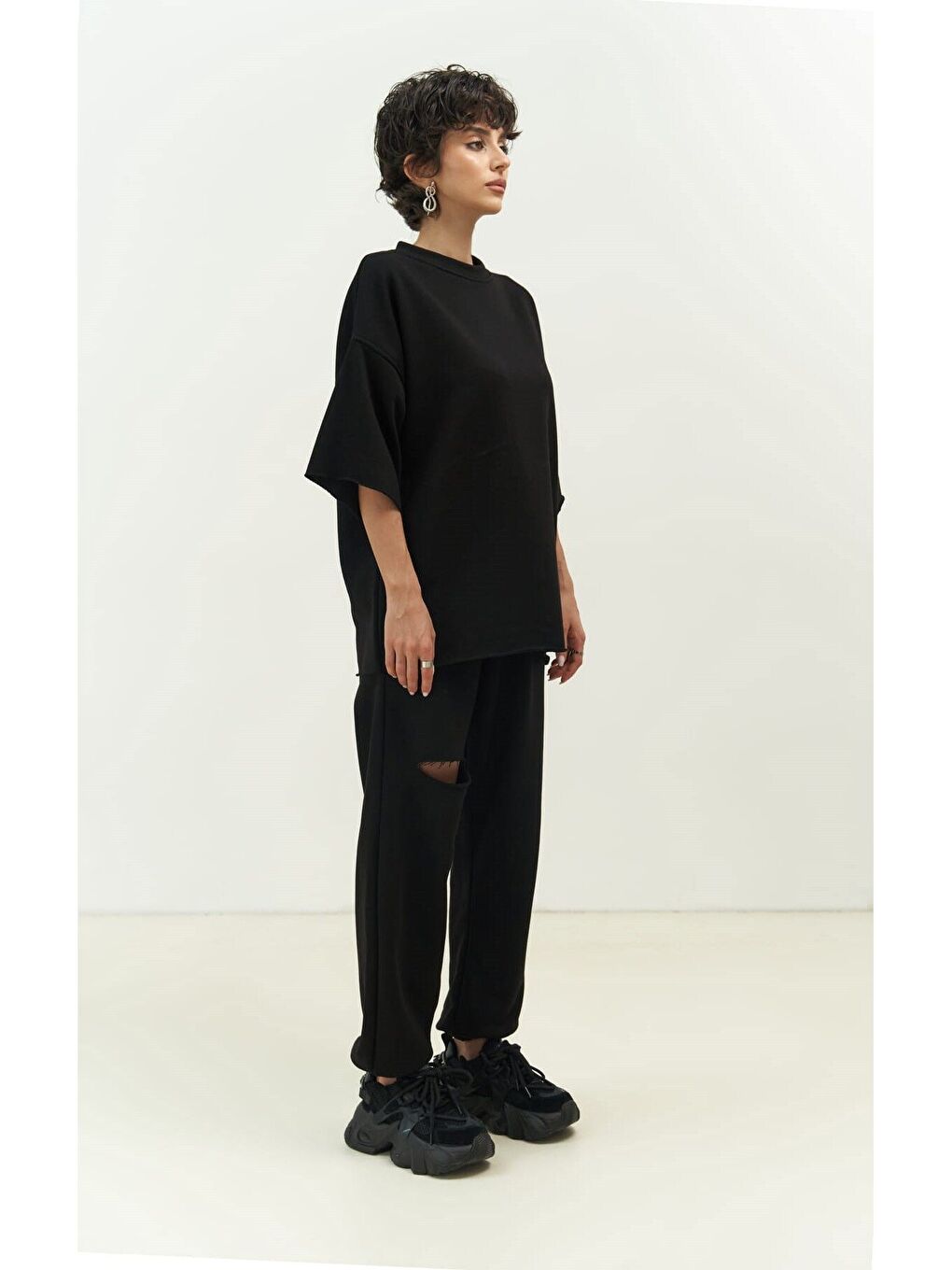 Lion Siyah Oversize T-shirt Yırtıklı Eşofman Takım-2