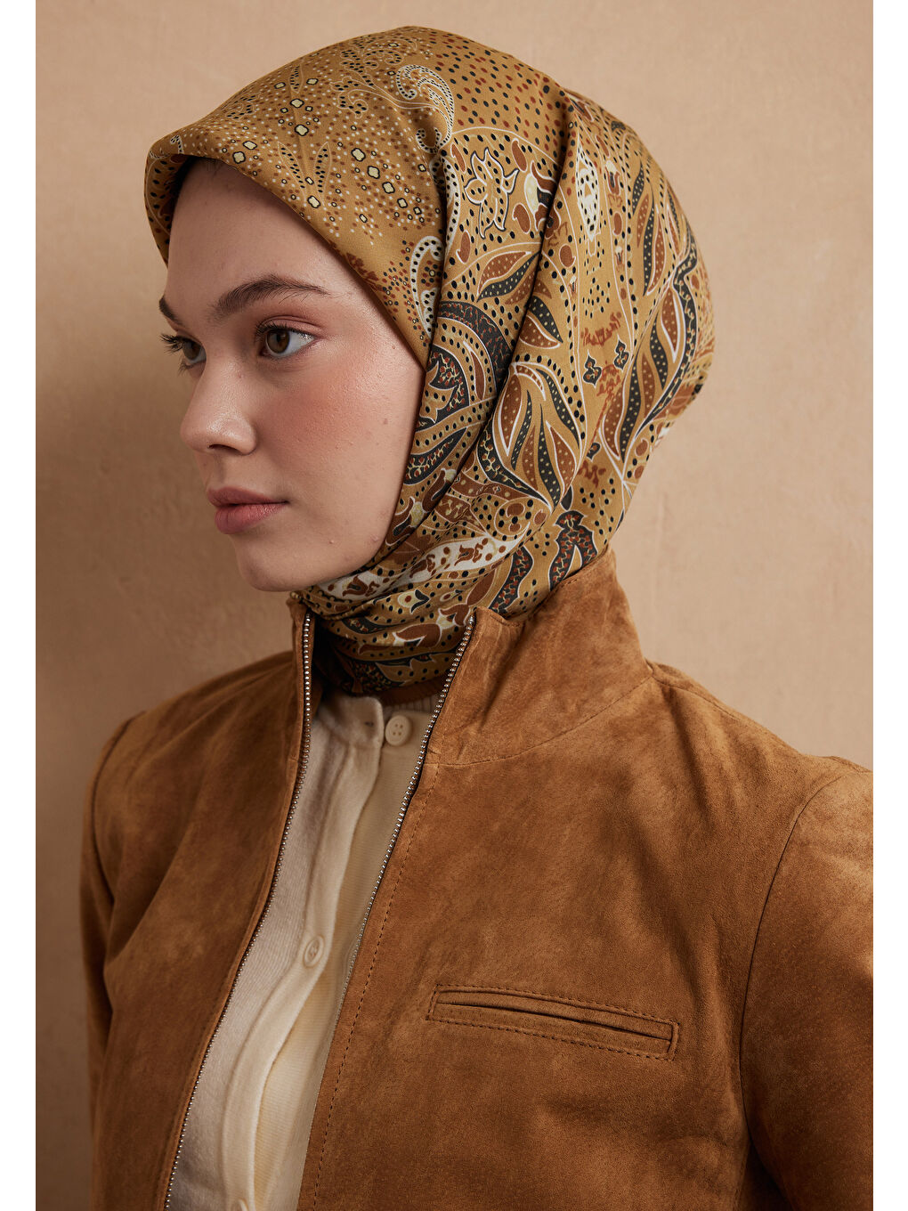 Kahverengi Eliza Desen Pamuk İpek Eşarp Hardal-1