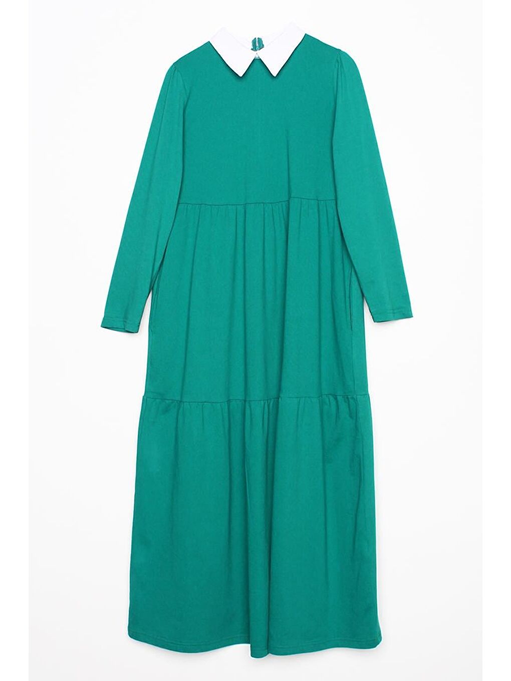 Yeşil Zümrüt-Pamuklu Gömlek Yaka Cepli Fırfırlı Örme Elbise-5