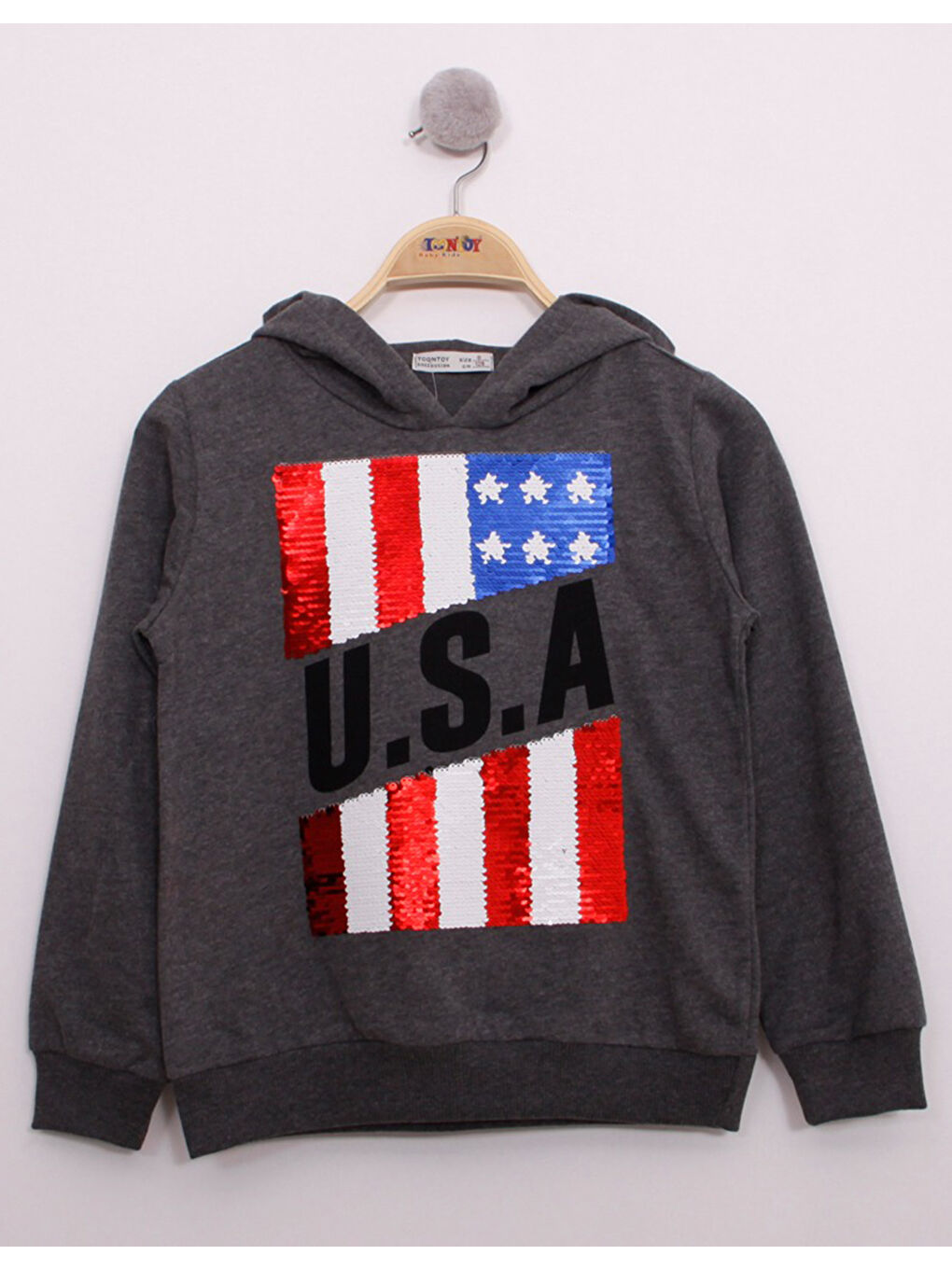Antrasit Erkek Çocuk Pullu U.S.A Bayraklı Nakışlı Sweatshirt