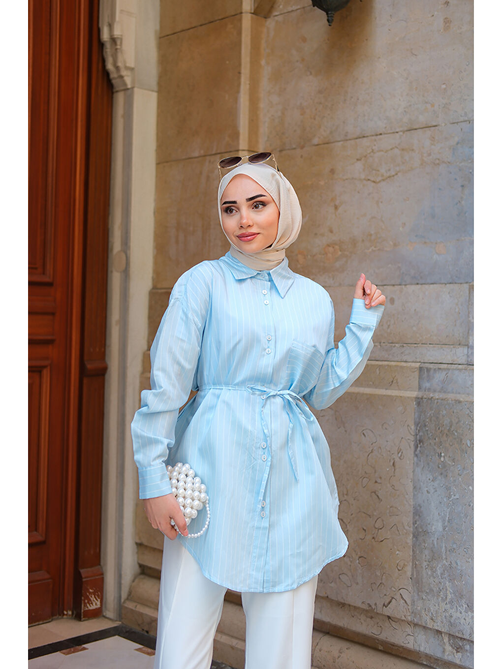 Kadın Çizgili Gömlek Mavi