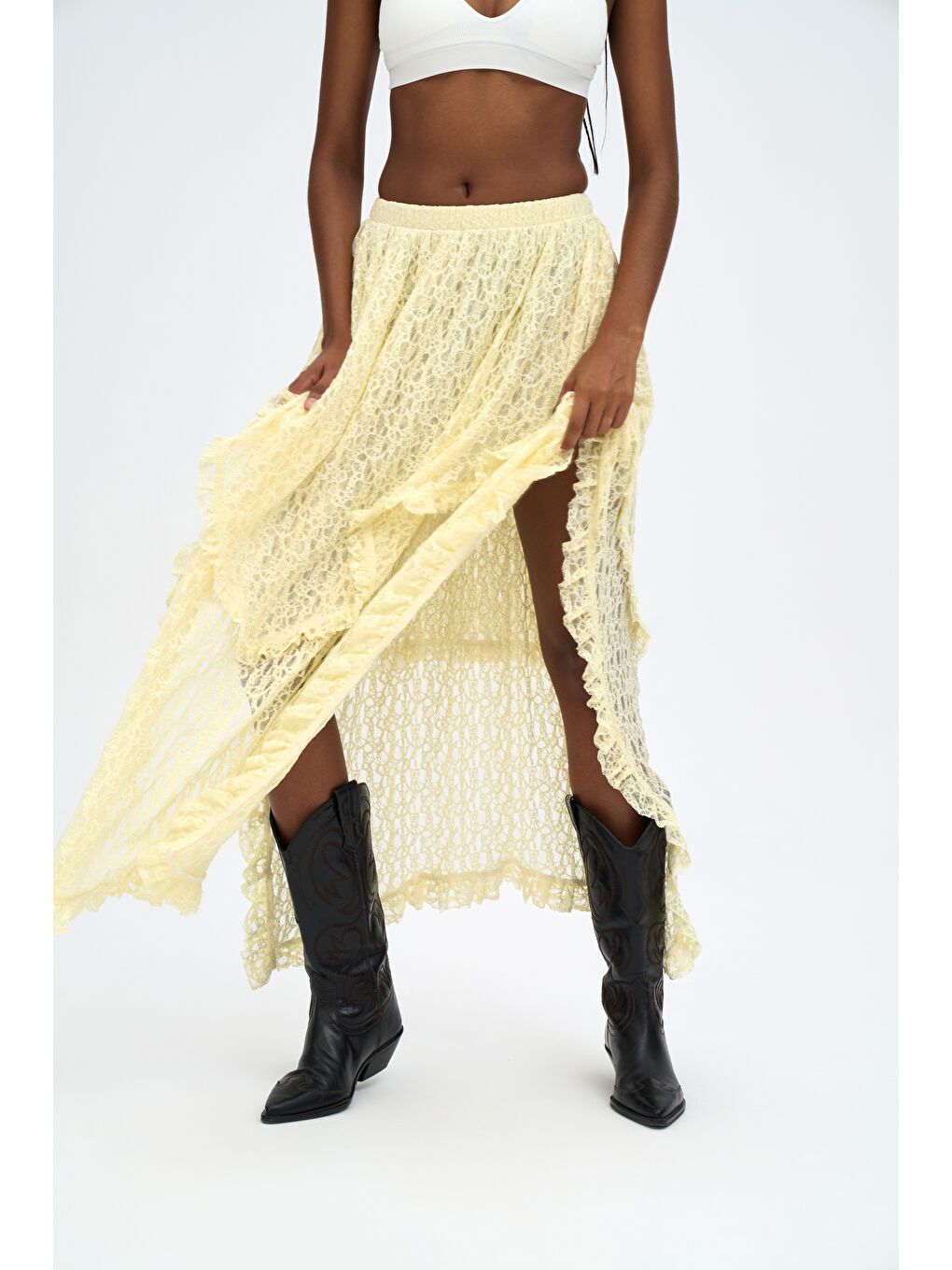 Mireya Asimetrik Sarı Dantel Etek-6