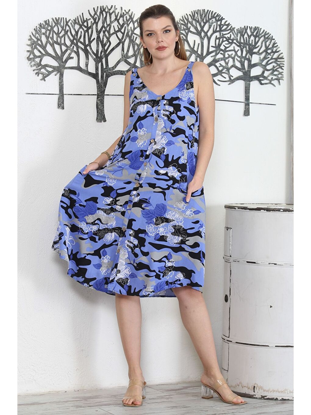 Yeşil Kamuflaj Mavi V Yaka Kolsuz Düğmeli Çift Cepli Casual Dokuma Elbise