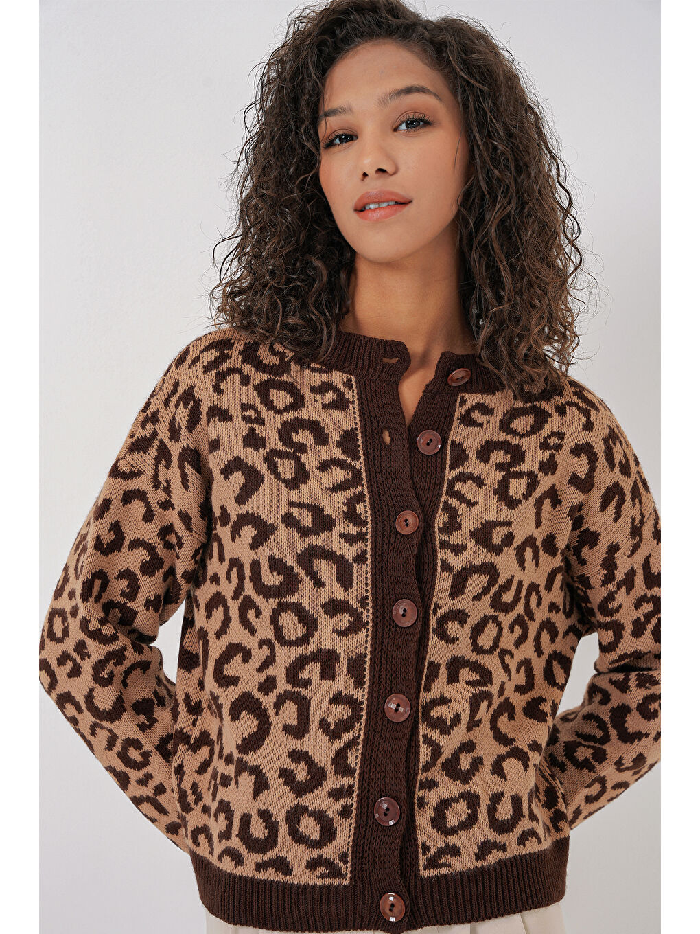 15911 Kadın Desenli Triko Hırka - Kahverengi-3