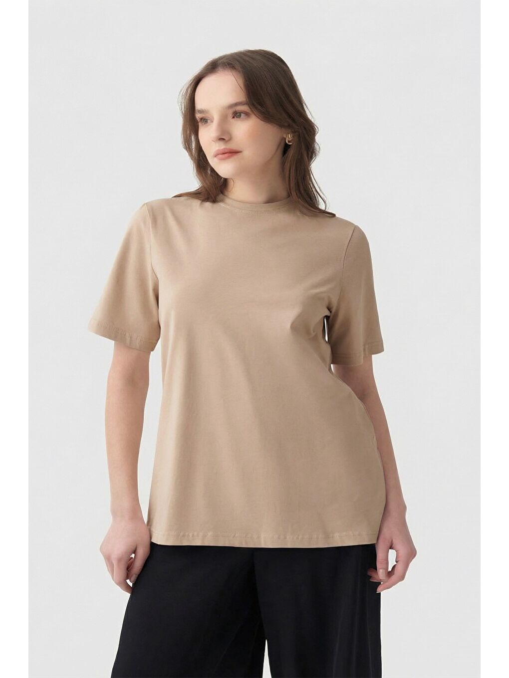 Bej-Bisiklet Yaka Modal T-Shirt-1