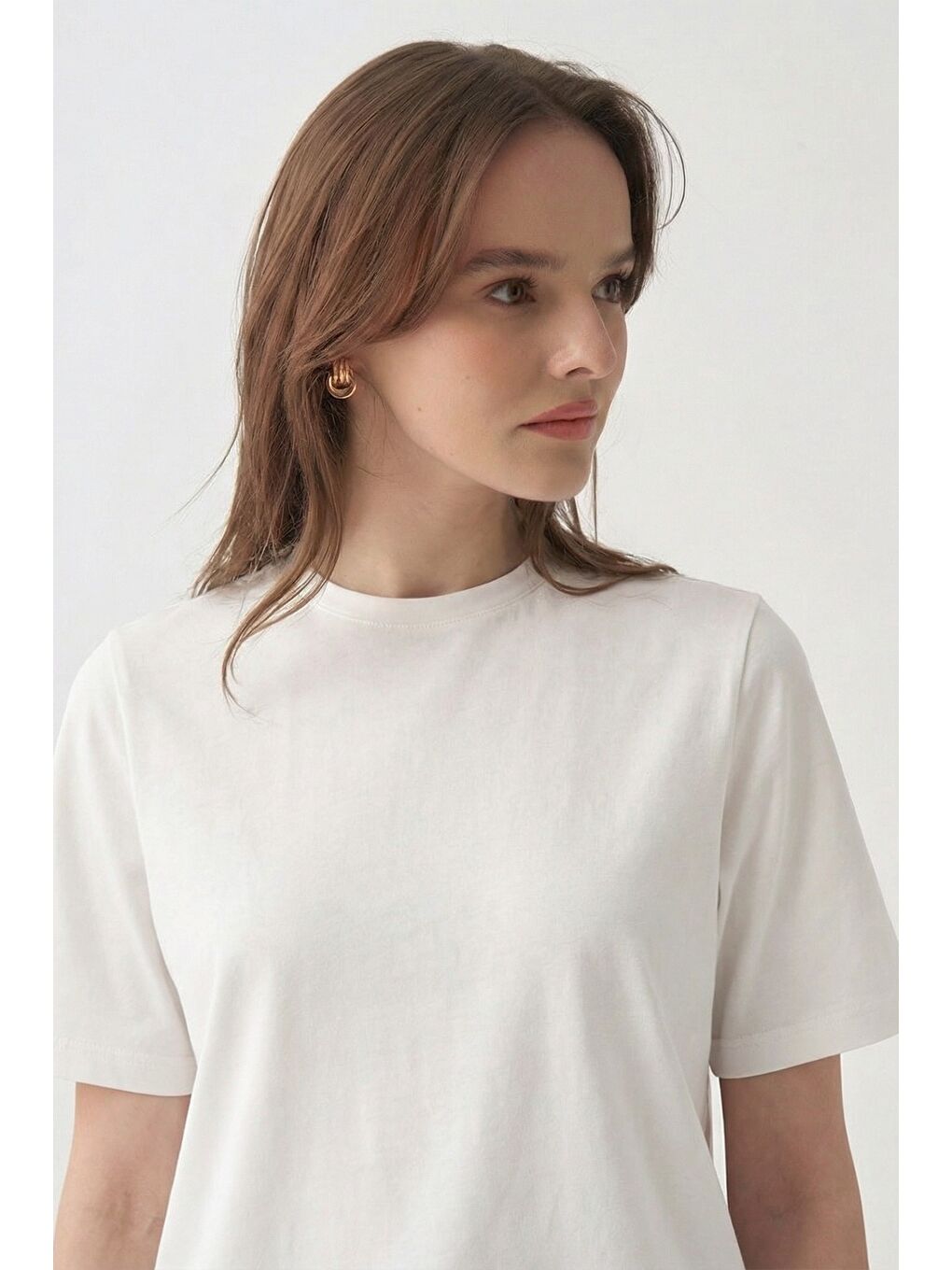 Ekru-Bisiklet Yaka Modal T-Shirt-2