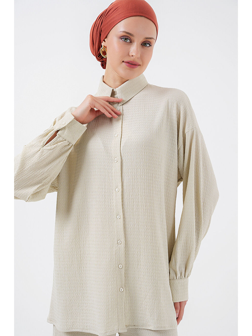 Bej Kadın Örme Tesettür Alt Üst Takım 6711 - Taş-1