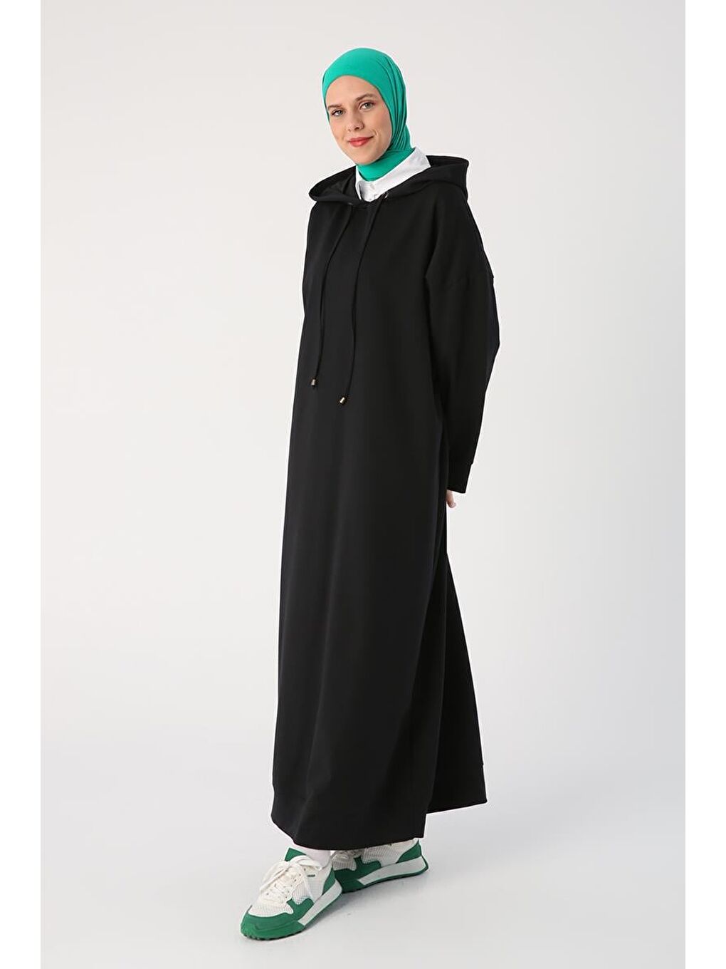 Siyah Büyük Beden Kapüşonlu Basic Örme Elbise-2