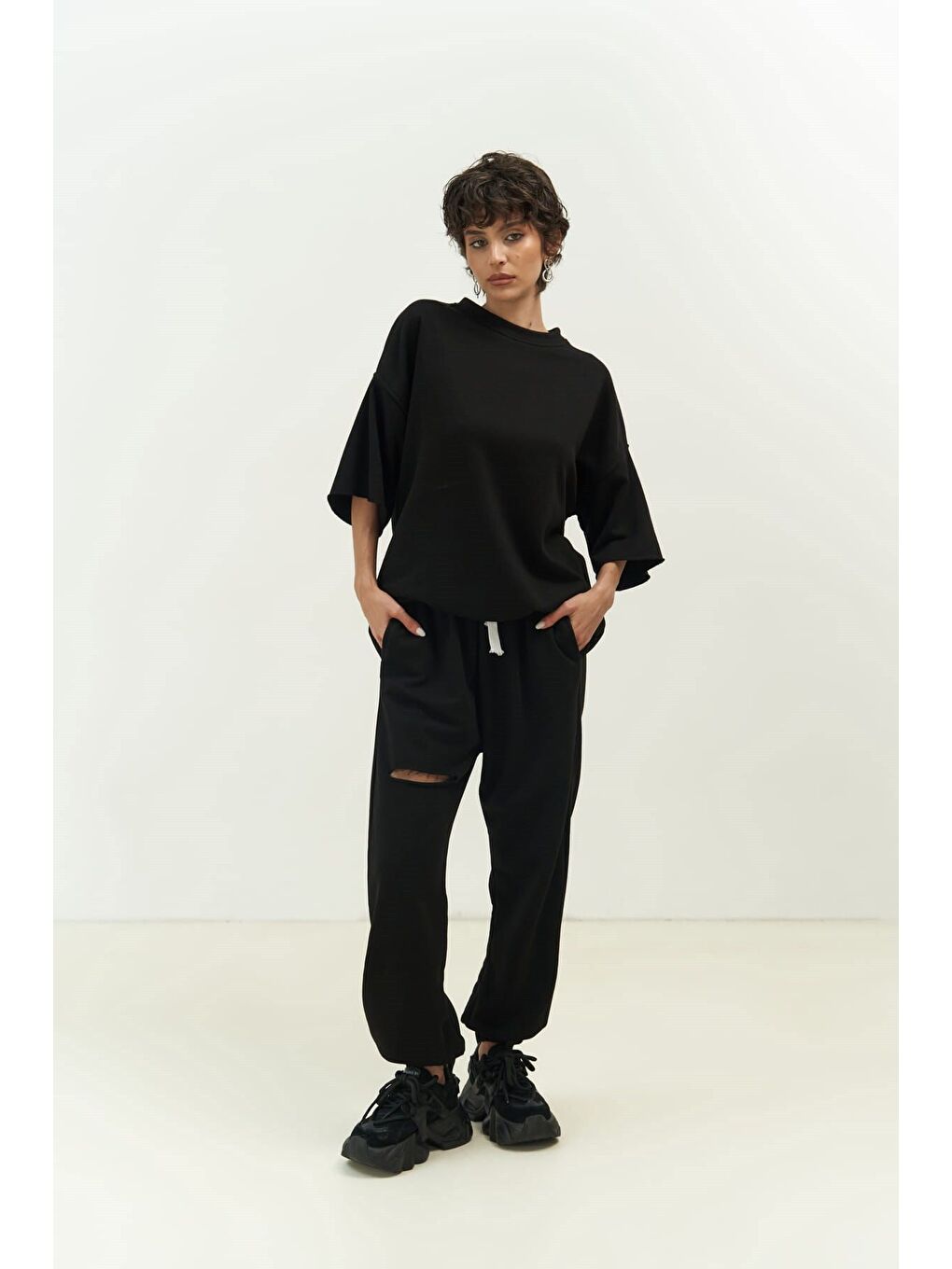 Lion Siyah Oversize T-shirt Yırtıklı Eşofman Takım-7