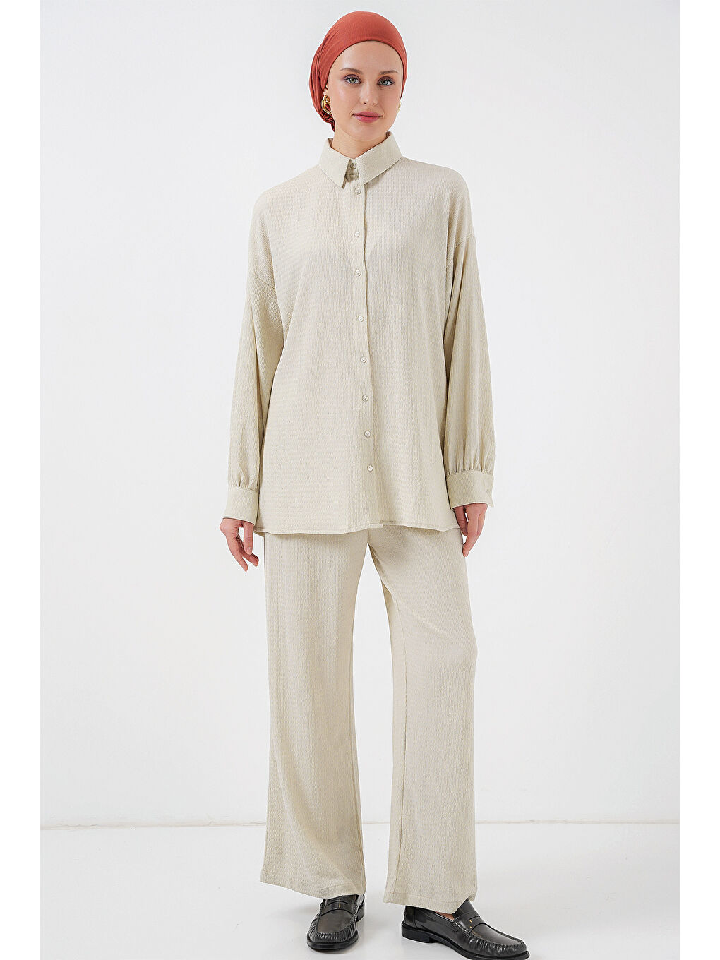 Bej Kadın Örme Tesettür Alt Üst Takım 6711 - Taş-2