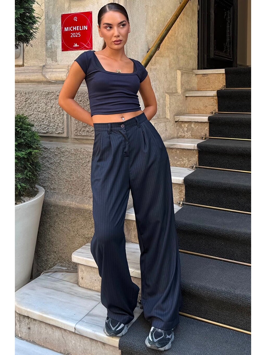 Lacivert Çizgili Yüksek Bel Palazzo Pantolon Mg2820-4