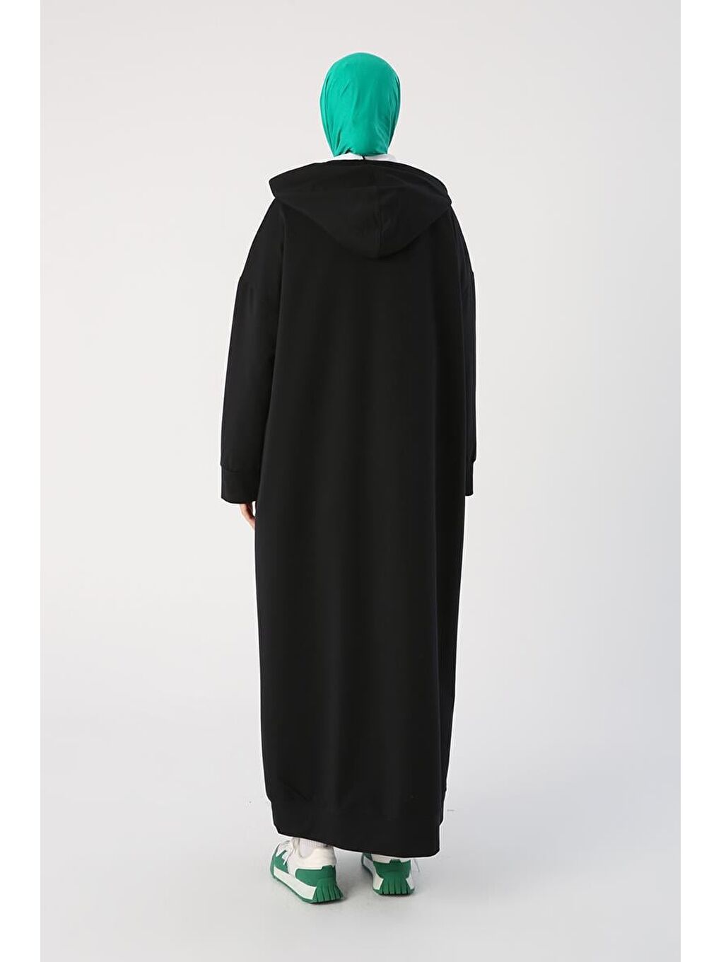 Siyah Büyük Beden Kapüşonlu Basic Örme Elbise-3