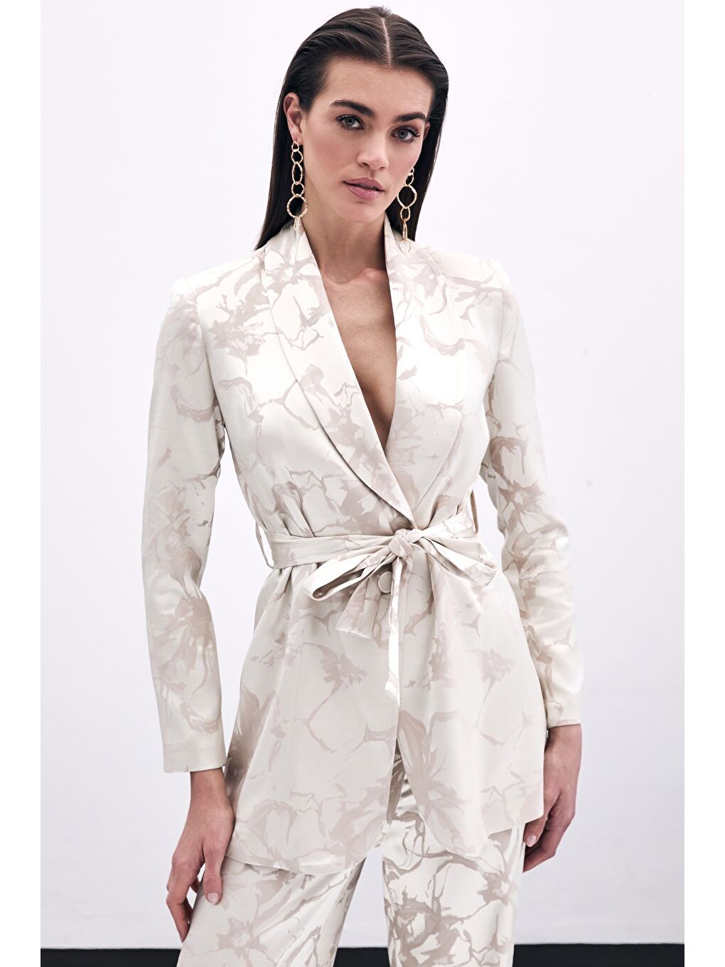 Desenli Uzun Ceket - Bej