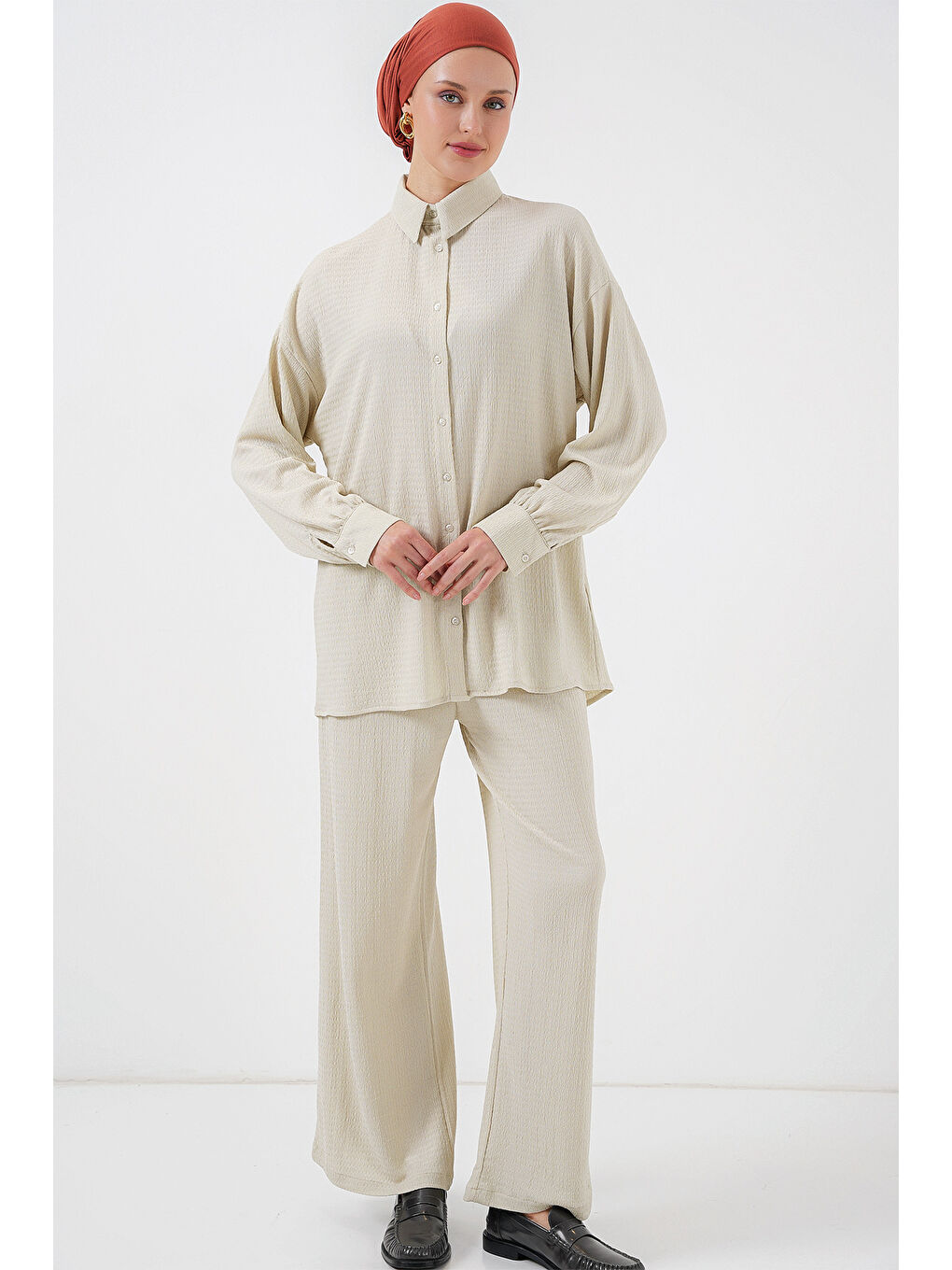 Bej Kadın Örme Tesettür Alt Üst Takım 6711 - Taş-3