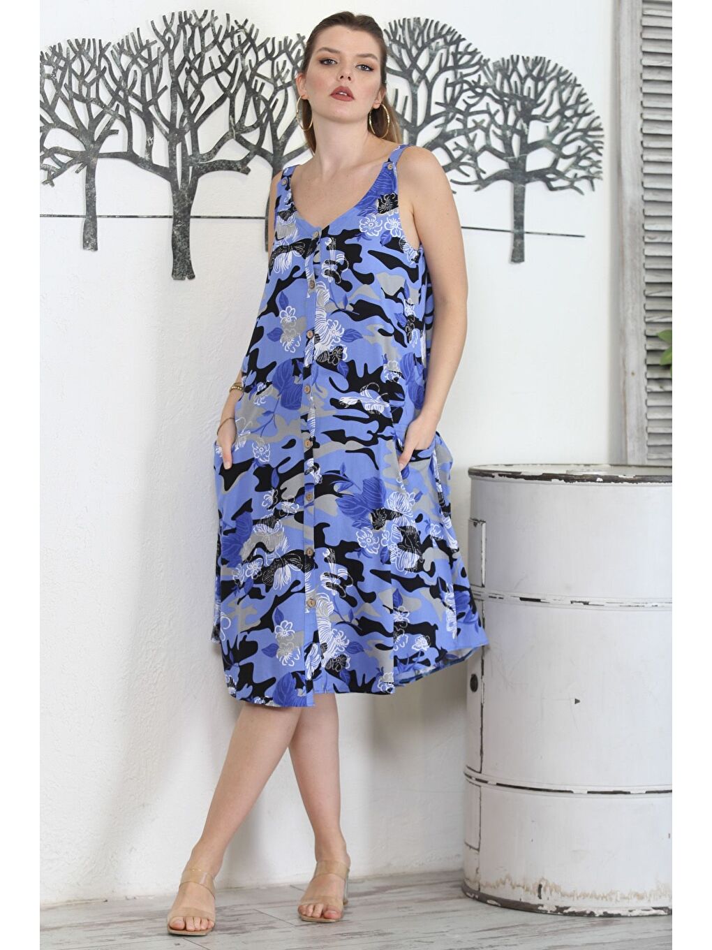 Yeşil Kamuflaj Mavi V Yaka Kolsuz Düğmeli Çift Cepli Casual Dokuma Elbise-3