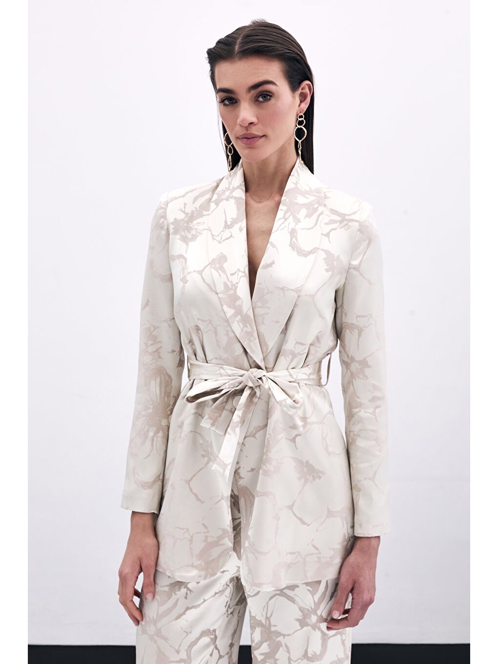 Desenli Uzun Ceket - Bej-1