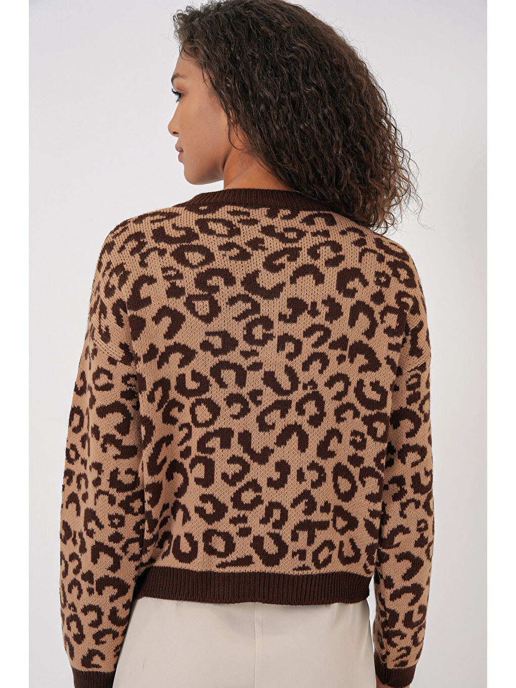 15911 Kadın Desenli Triko Hırka - Kahverengi-5