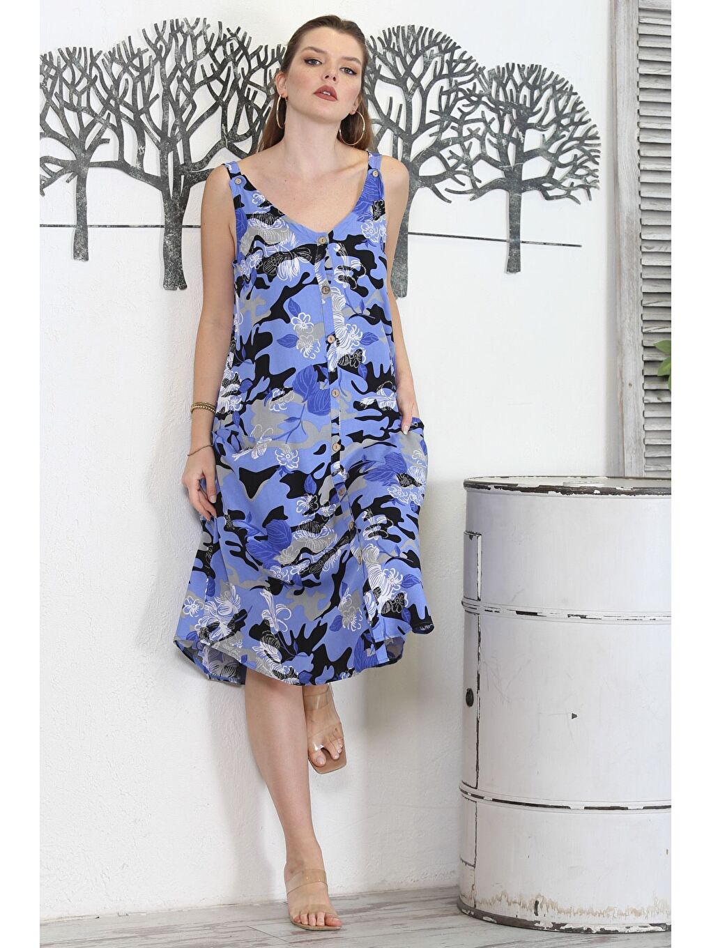 Yeşil Kamuflaj Mavi V Yaka Kolsuz Düğmeli Çift Cepli Casual Dokuma Elbise-4