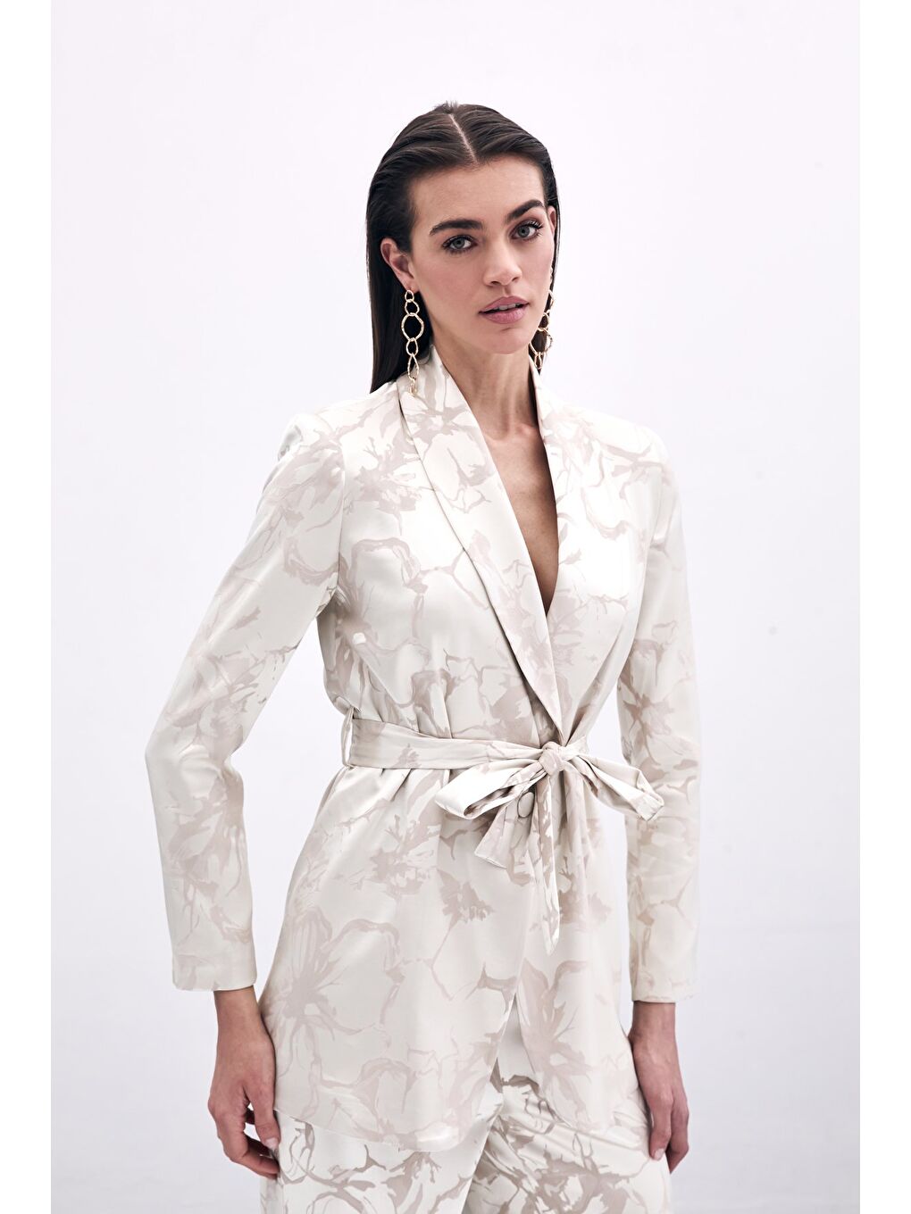 Desenli Uzun Ceket - Bej-4