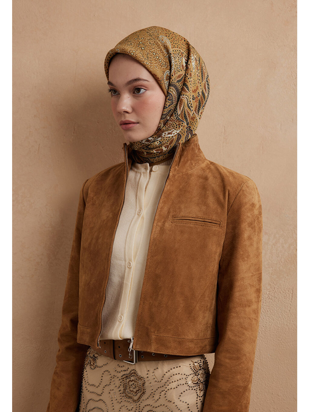 Kahverengi Eliza Desen Pamuk İpek Eşarp Hardal-2