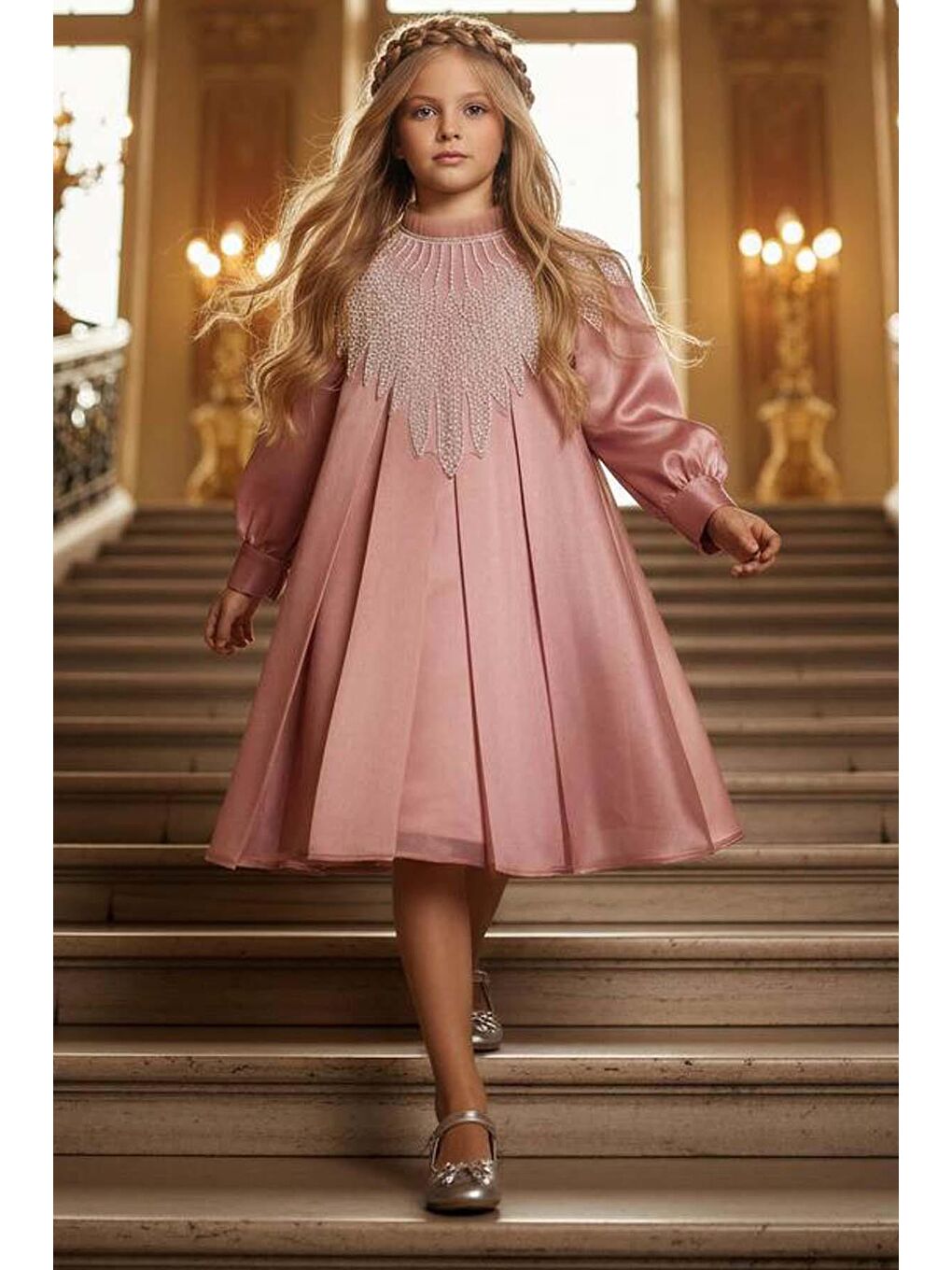 Pembe Kız Çocuk Yakası Fırfırlı ve Elmas Taştan Şal Detaylı Pliseli Şifon Gül Kurusu Elbise-2