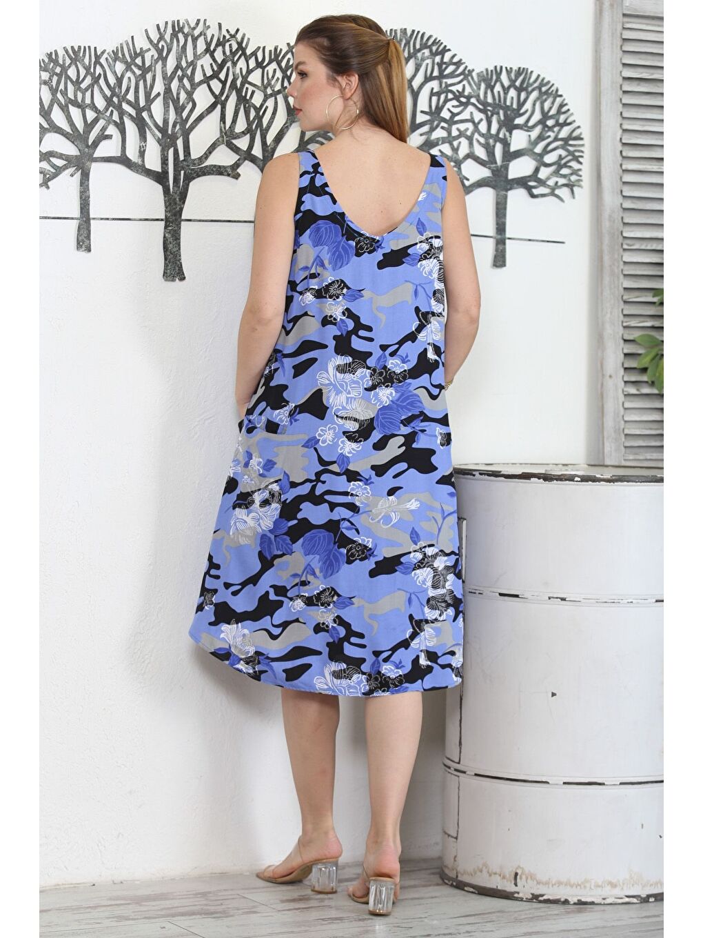 Yeşil Kamuflaj Mavi V Yaka Kolsuz Düğmeli Çift Cepli Casual Dokuma Elbise-6