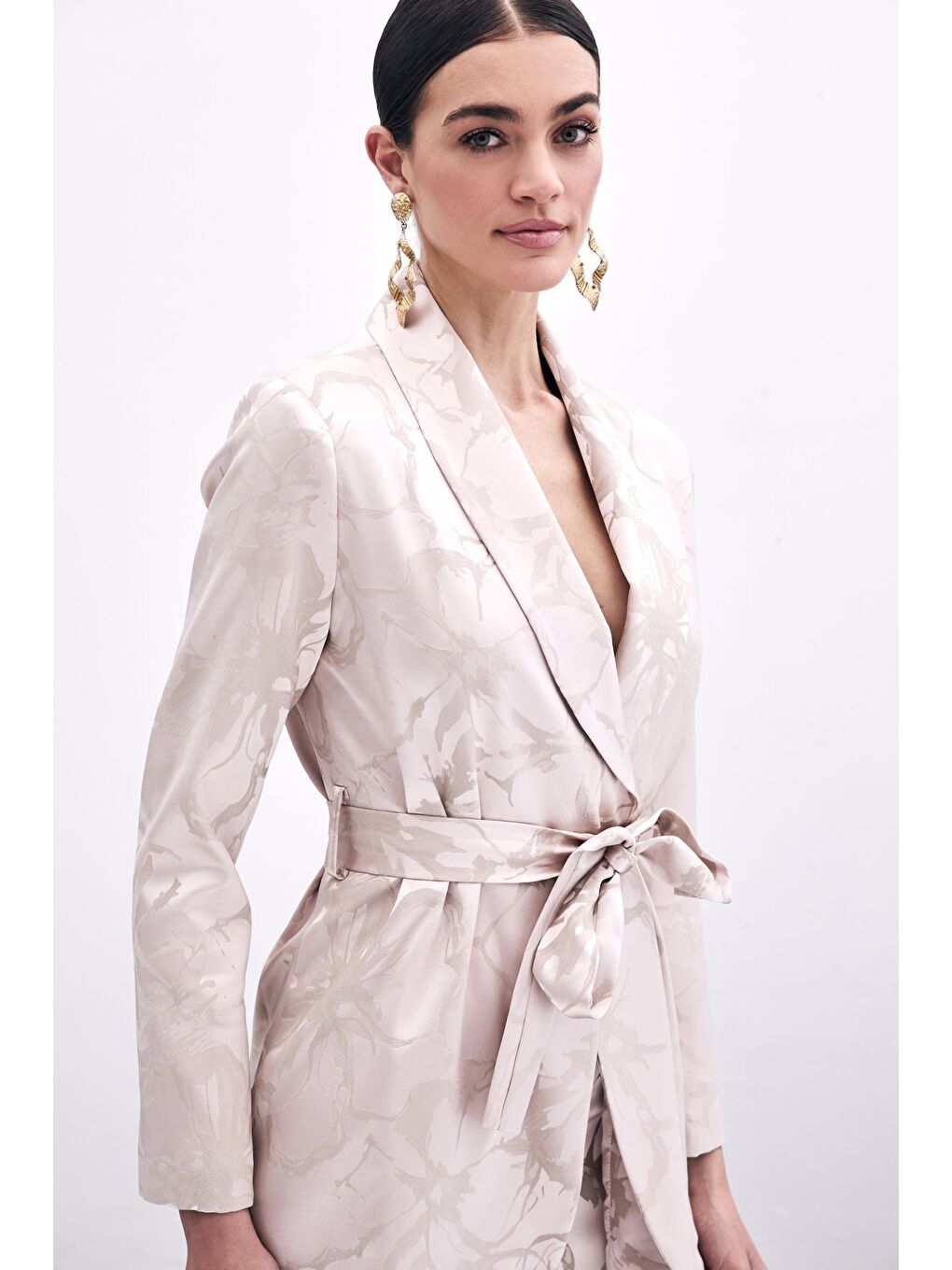 Pembe Desenli Uzun Ceket - Pudra