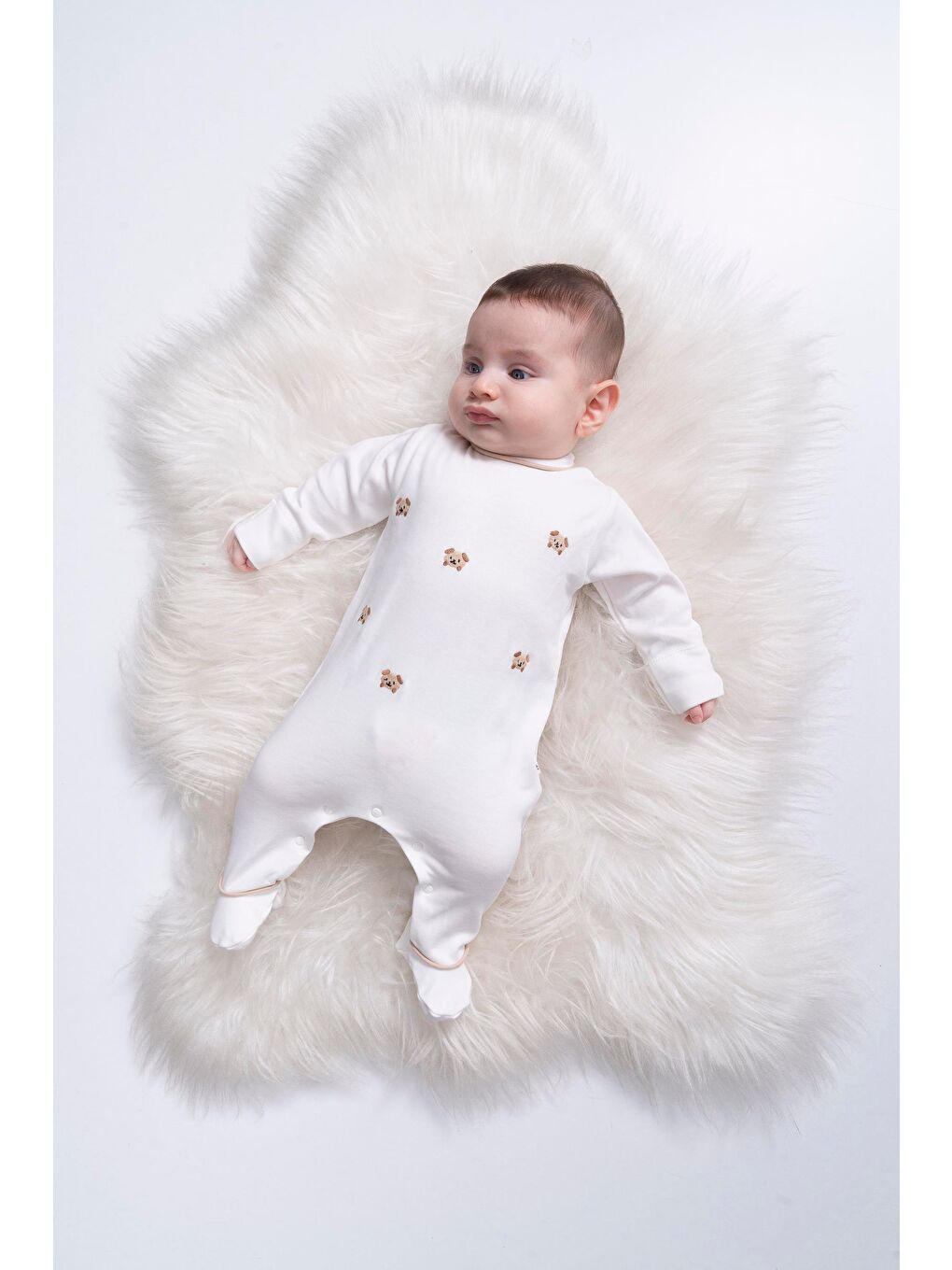 Karışık Unisex Bebek Pamuklu Ekru Nakışlı Tulum - Uzun Kollu Çıtçıtlı-2