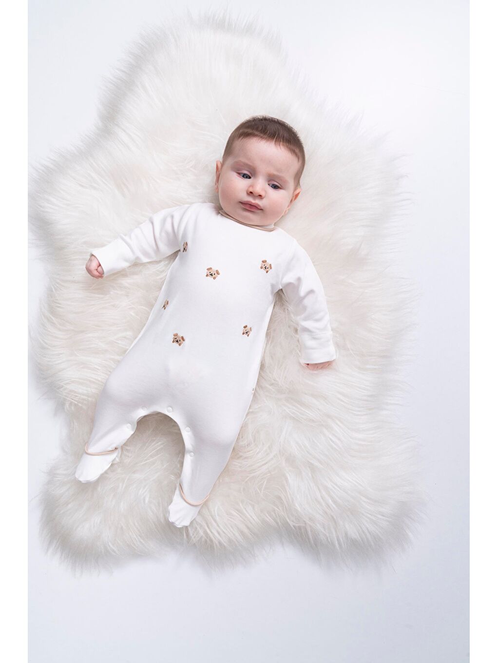 Karışık Unisex Bebek Pamuklu Ekru Nakışlı Tulum - Uzun Kollu Çıtçıtlı-3