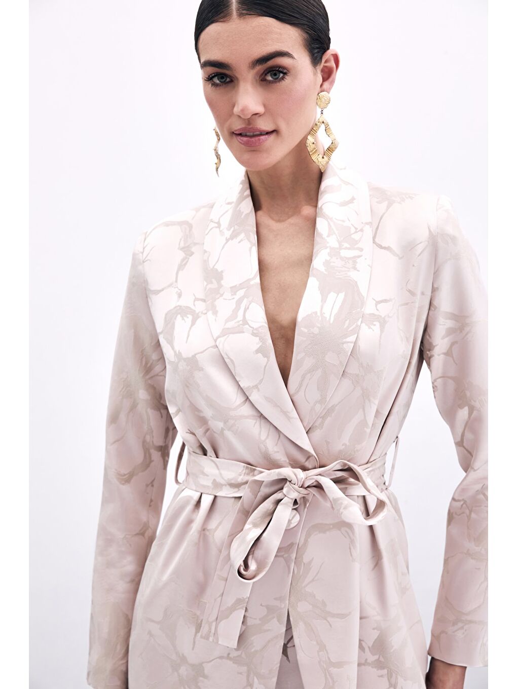 Pembe Desenli Uzun Ceket - Pudra-2