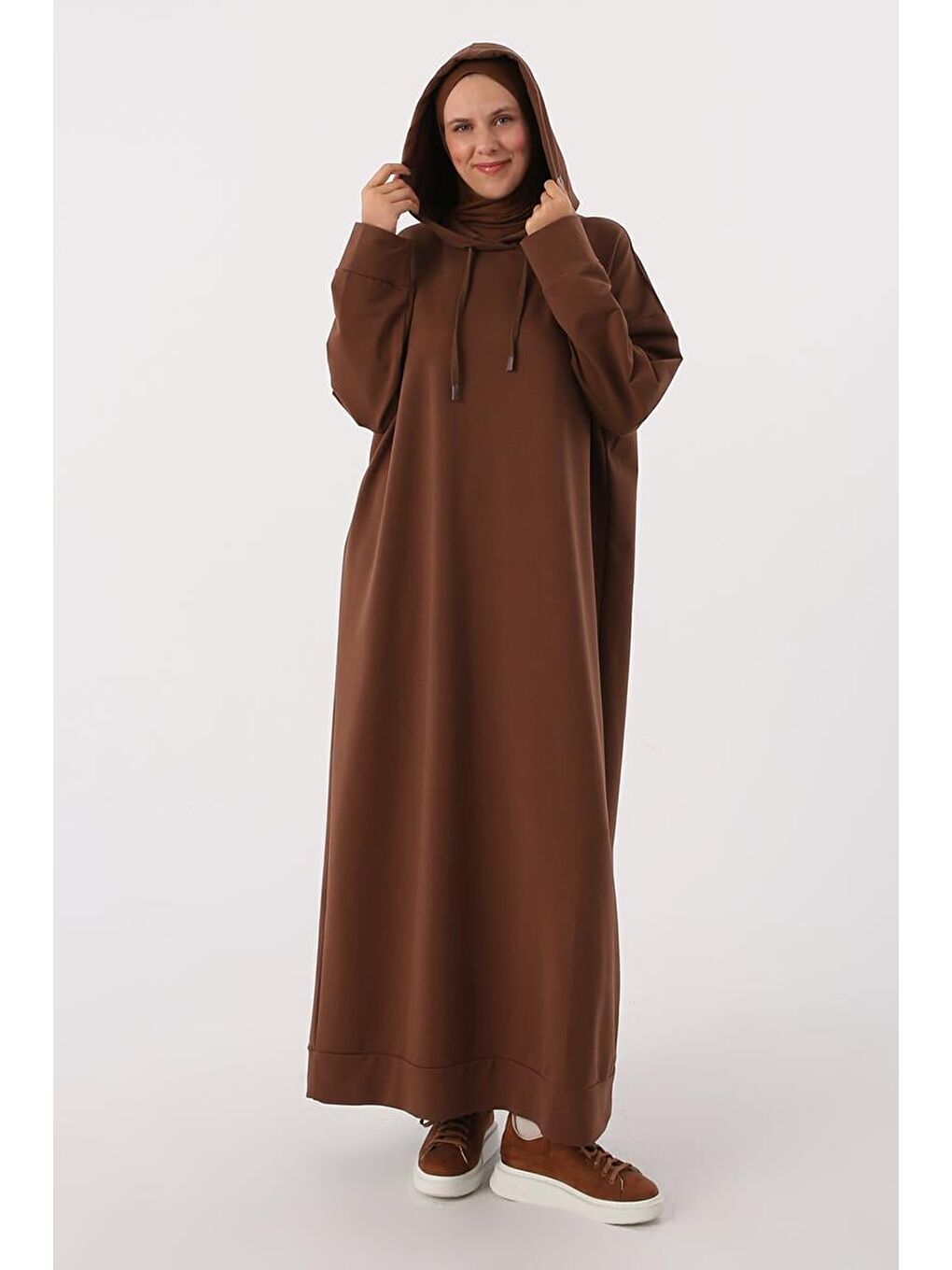 Kahverengi Kahve Büyük Beden Kapüşonlu Basic Örme Elbise-1