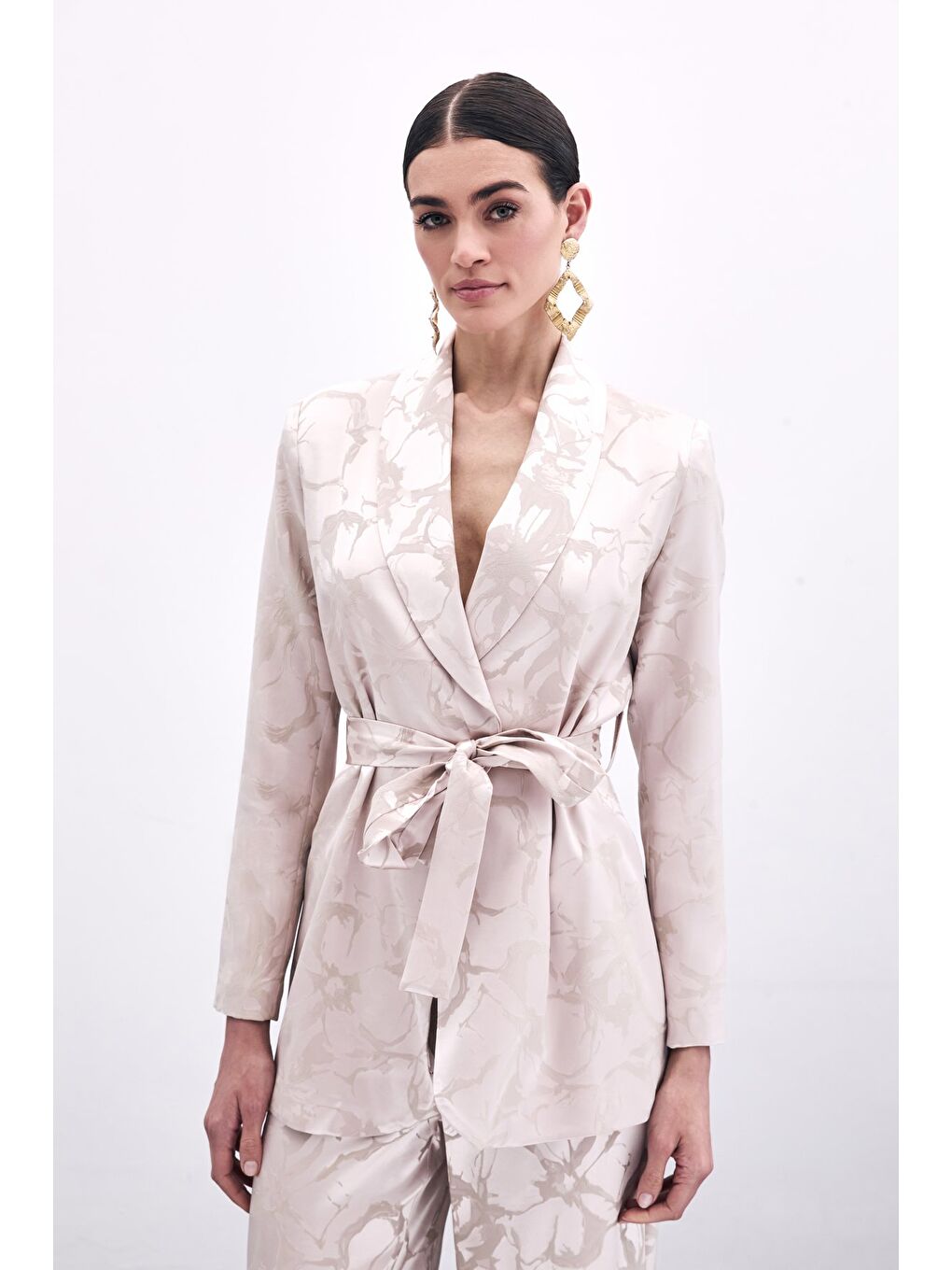 Pembe Desenli Uzun Ceket - Pudra-3