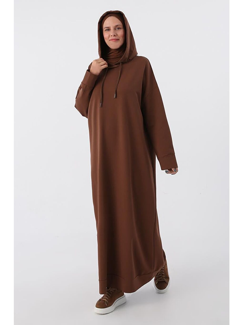 Kahverengi Kahve Büyük Beden Kapüşonlu Basic Örme Elbise-2