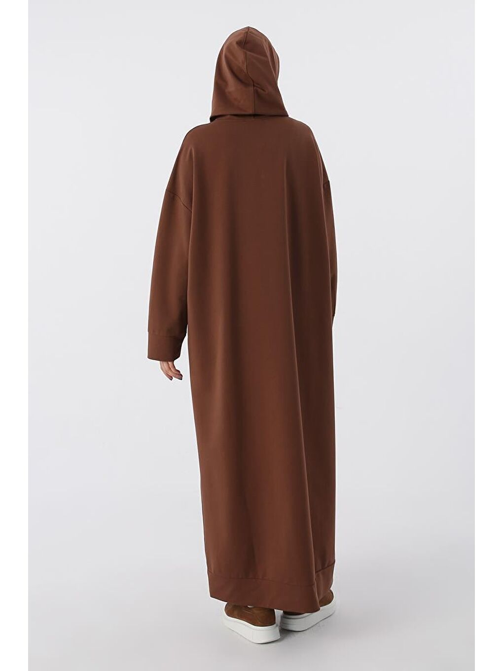 Kahverengi Kahve Büyük Beden Kapüşonlu Basic Örme Elbise-3