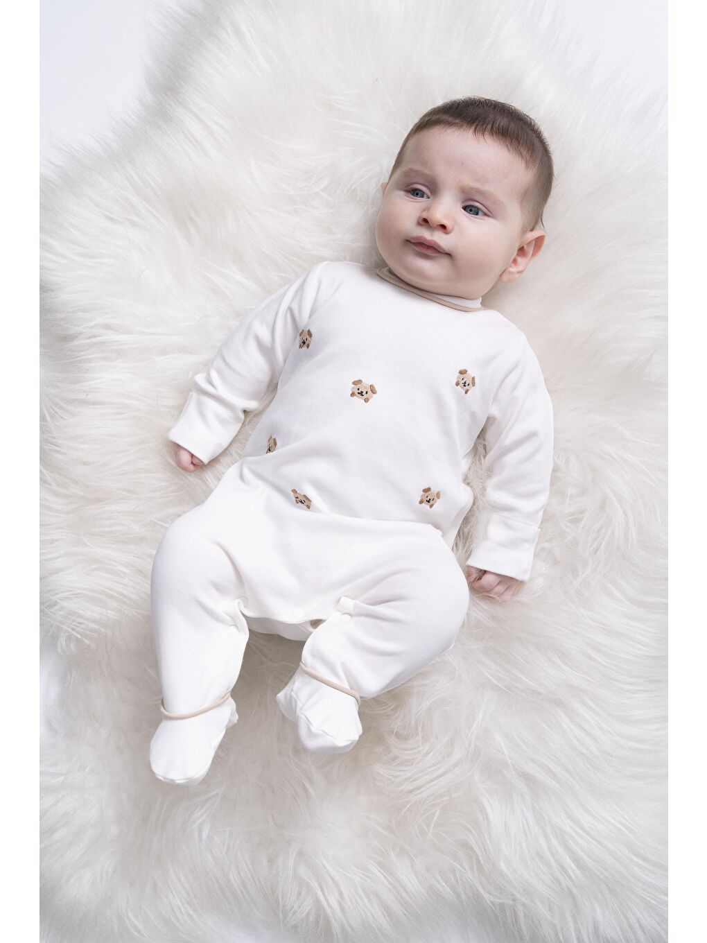 Karışık Unisex Bebek Pamuklu Ekru Nakışlı Tulum - Uzun Kollu Çıtçıtlı-5