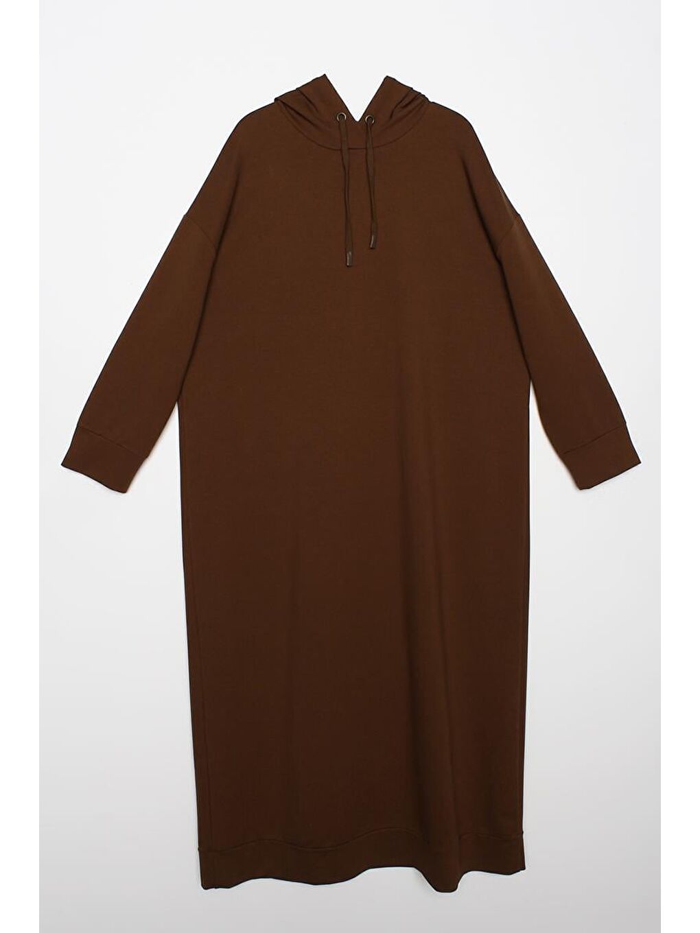 Kahverengi Kahve Büyük Beden Kapüşonlu Basic Örme Elbise-5