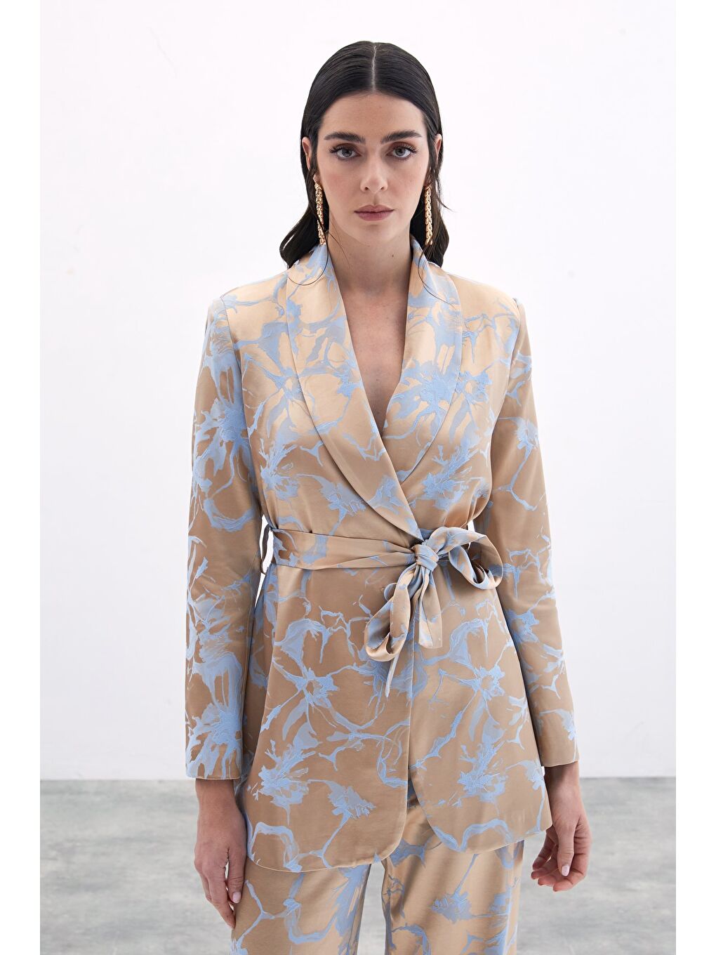 Desenli Uzun Ceket - Bebe Mavi-1