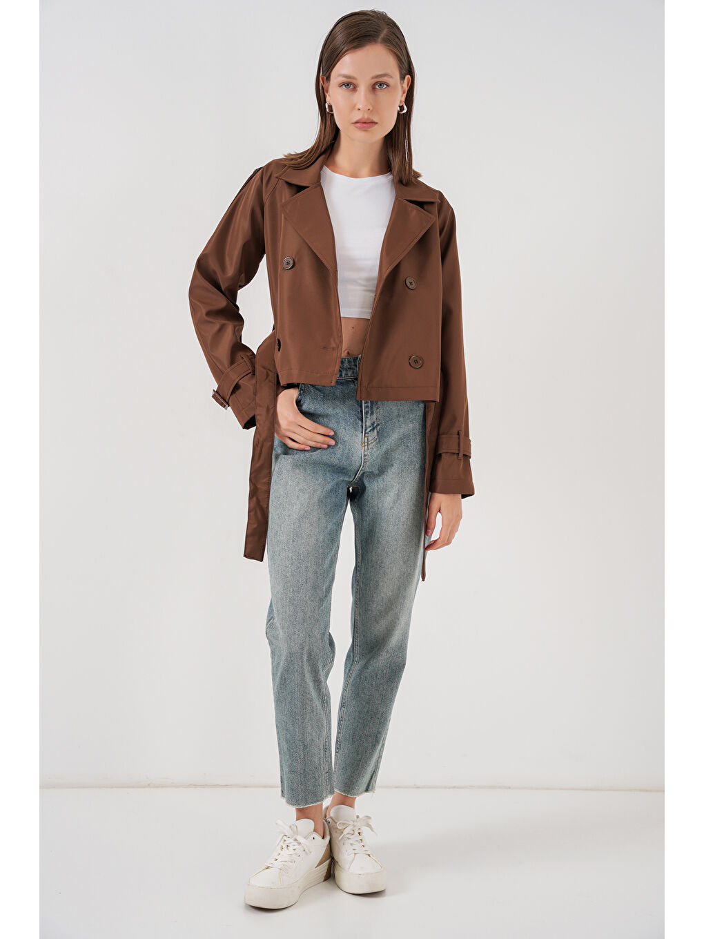 Kadın Kemerli Kısa Trençkot 5970 - Kahverengi-1