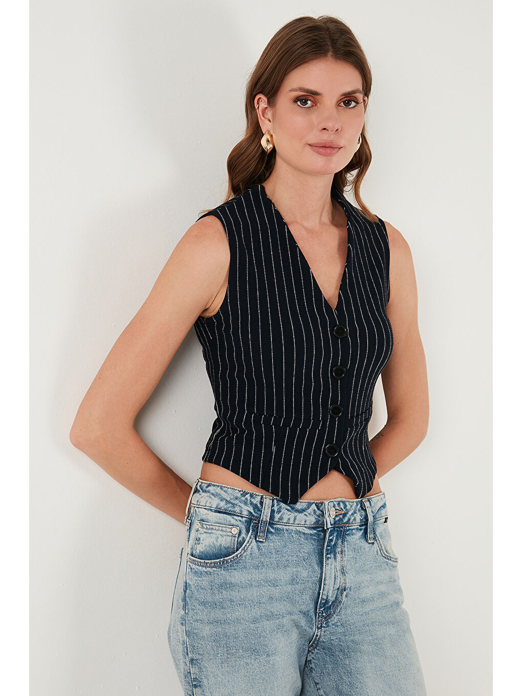 Lacivert Streç Fitted Fit V Yaka Düğmeli Kadın Yelek 5865971-5