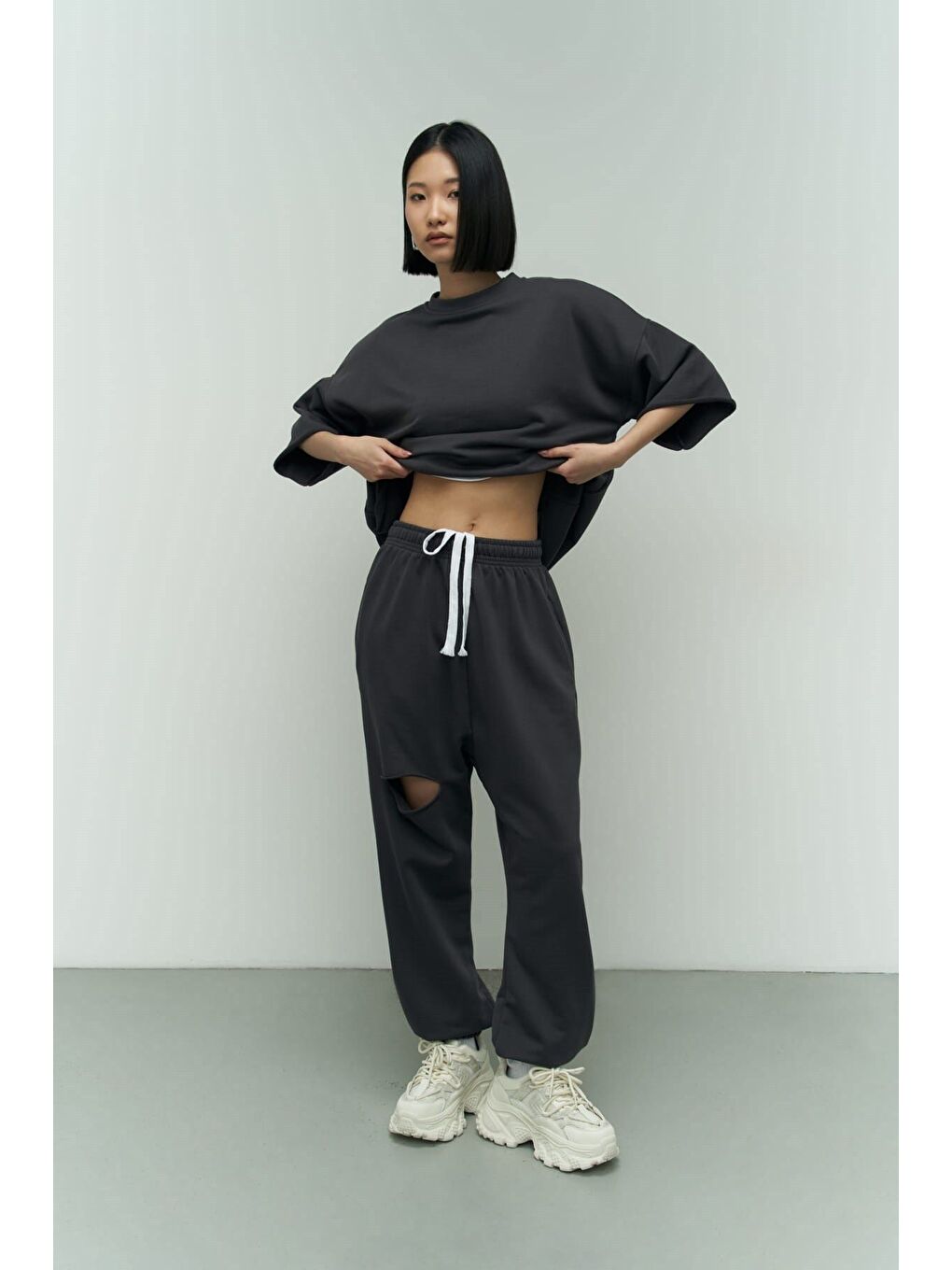 Lion Antrasit Oversize T-shirt Yırtıklı Eşofman Takım-6