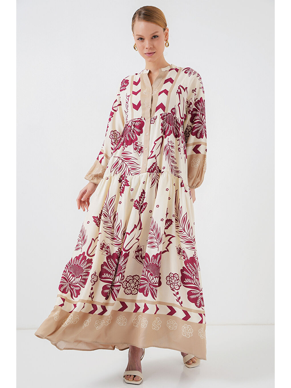 2423 Otantik Desenli Tesettür Elbise - F. Fuşya