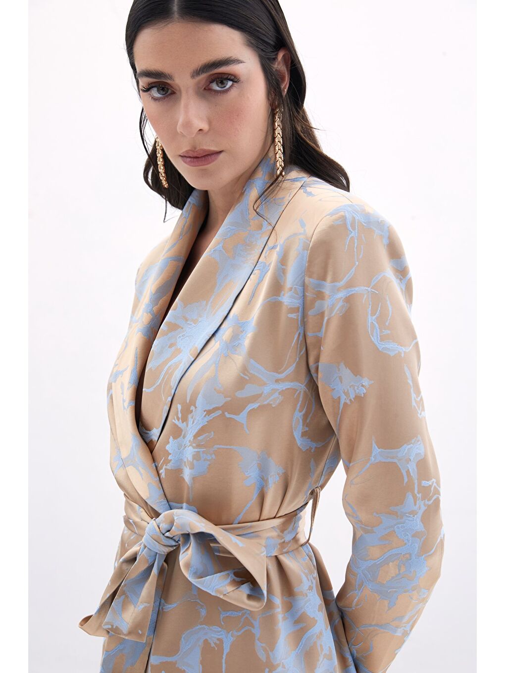 Desenli Uzun Ceket - Bebe Mavi-4