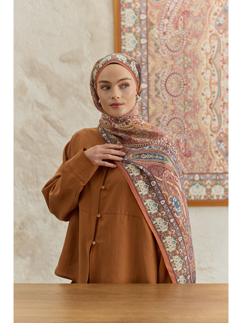 Turuncu Cupra Prive Desenli Şal Saga Kiremit