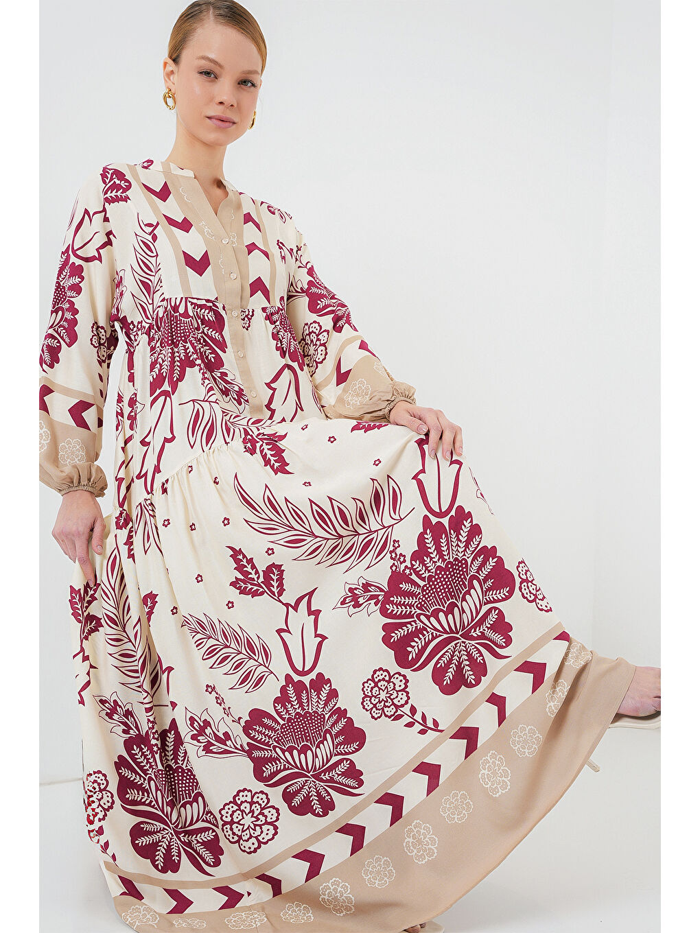 2423 Otantik Desenli Tesettür Elbise - F. Fuşya-1