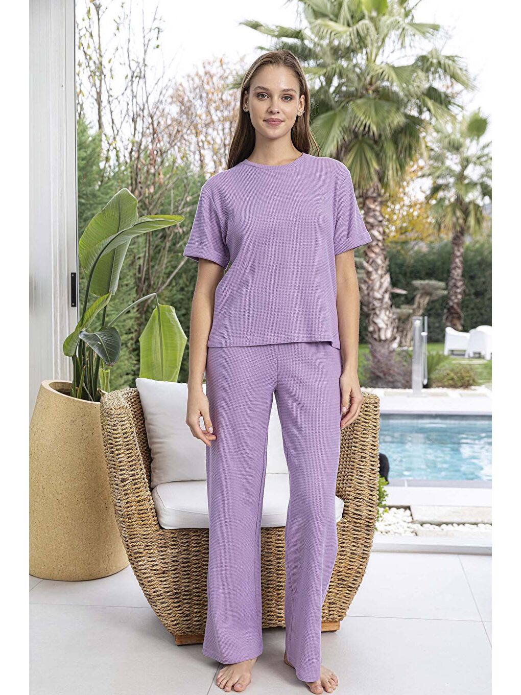 Kadın Kısa Kol Waffle Kumaş Pijama Takımı 260110 Lila-2