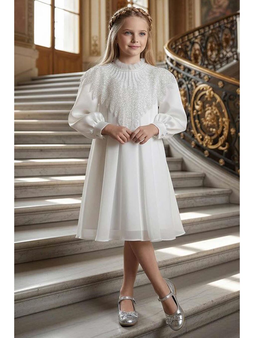 Kız Çocuk Yakası Fırfırlı ve Elmas Taştan Şal Detaylı Pliseli Şifon Beyaz Elbise