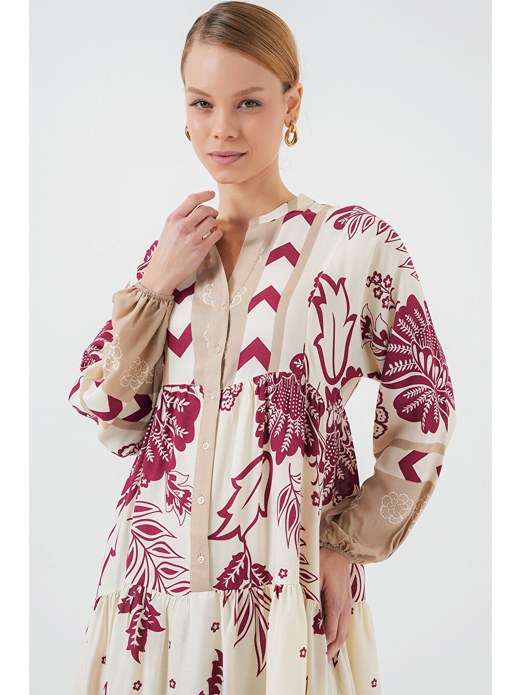 2423 Otantik Desenli Tesettür Elbise - F. Fuşya-2